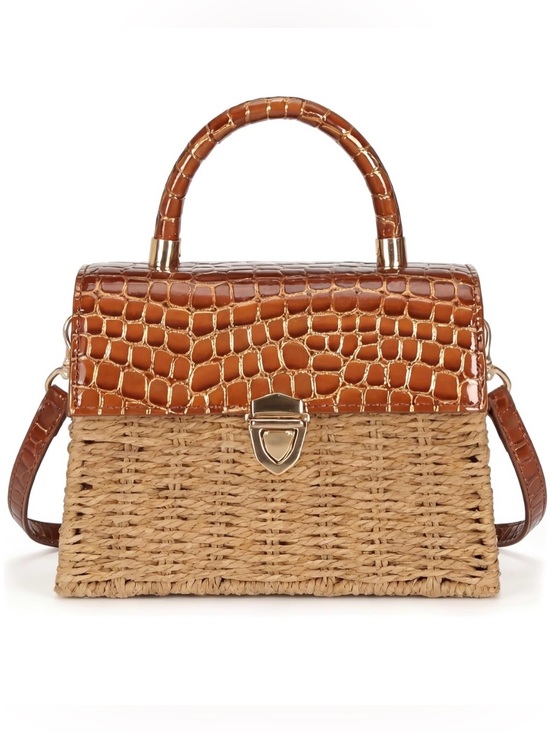 Handbags - Vegan friendly faux croc crocodile leather rattan straw bohemian hand bag purse